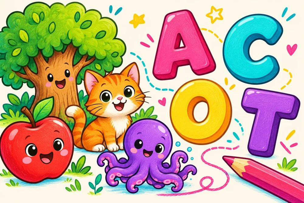 Colourful apple, cat, octopus and tree with alphabet letters for picture matching