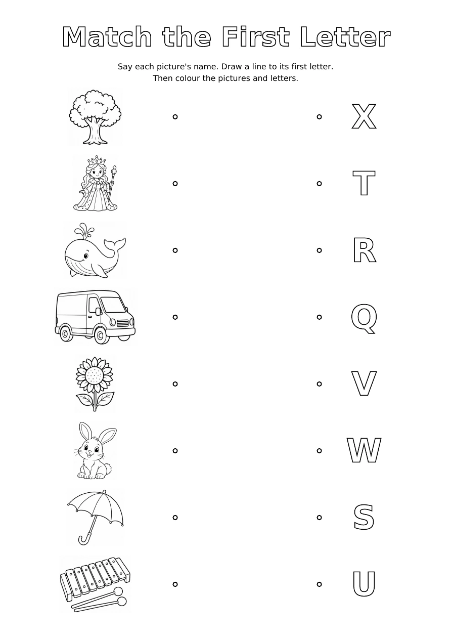 Worksheet 3: eight pictures on the left and eight shuffled outline letters on the right, with space to draw matching lines