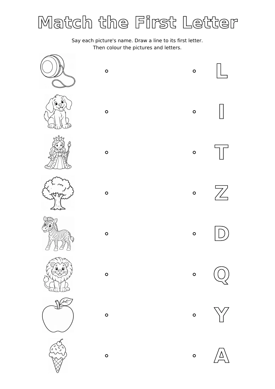 Worksheet 4: eight pictures on the left and eight shuffled outline letters on the right, with space to draw matching lines
