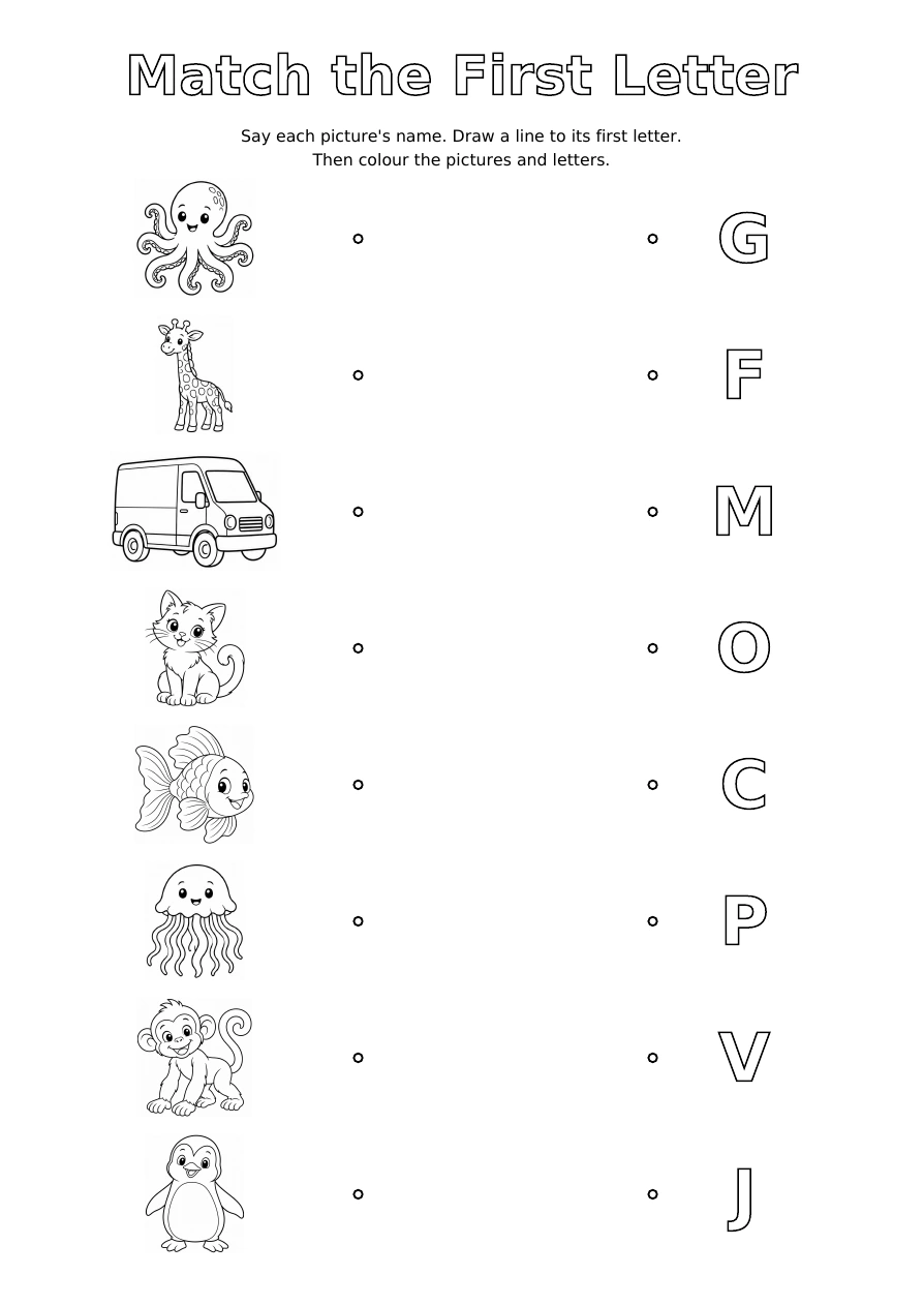 Worksheet 6: eight pictures on the left and eight shuffled outline letters on the right, with space to draw matching lines