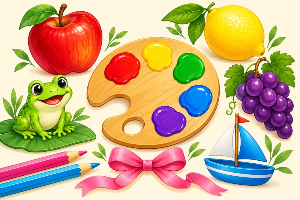 Colourful paint palette with familiar objects for learning colour words