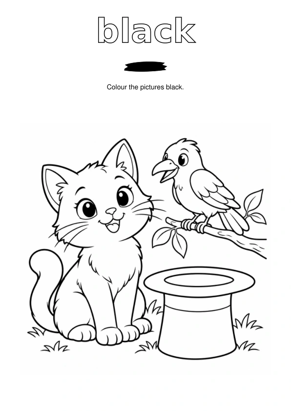 Outlined word black, a paint sample, and cat, crow and a top hat to colour
