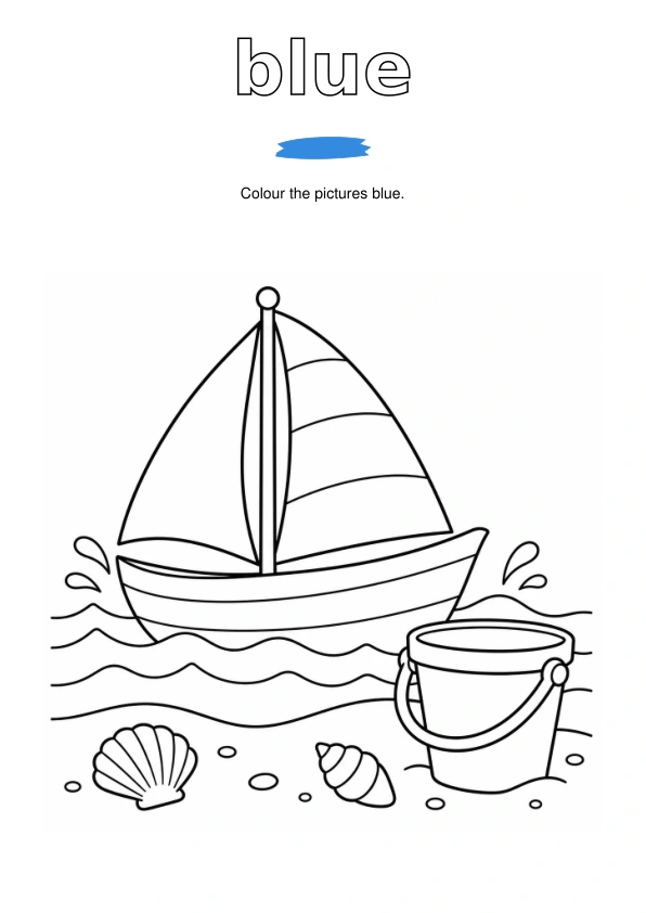 Outlined word blue, a paint sample, and sea, sailboat and a beach bucket to colour