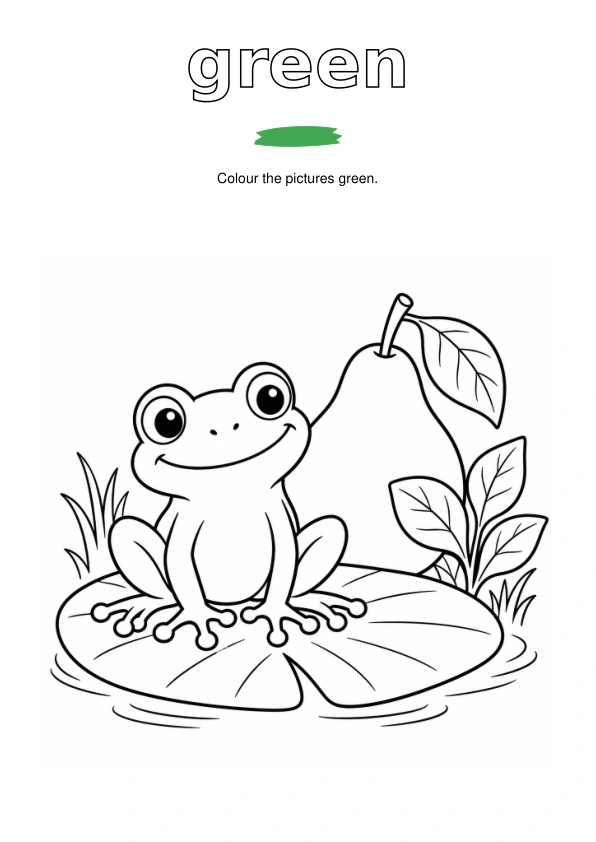 Outlined word green, a paint sample, and frog, pear and leaves to colour