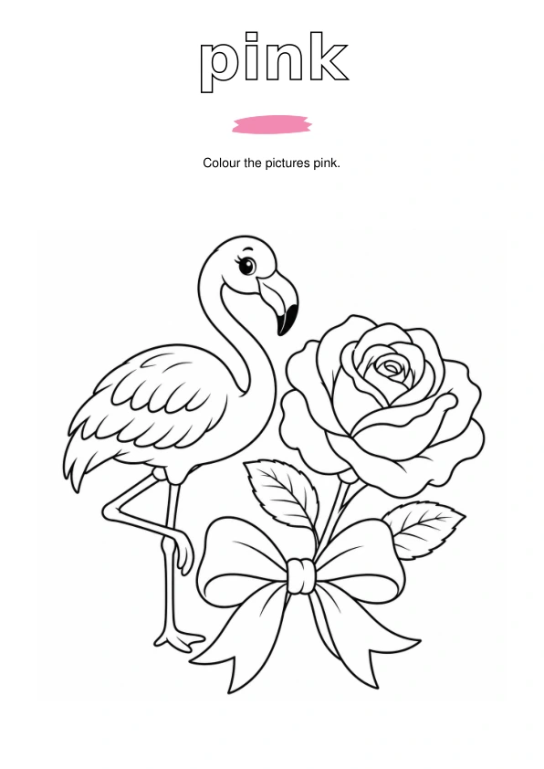 Outlined word pink, a paint sample, and flamingo, rose and ribbon bow to colour