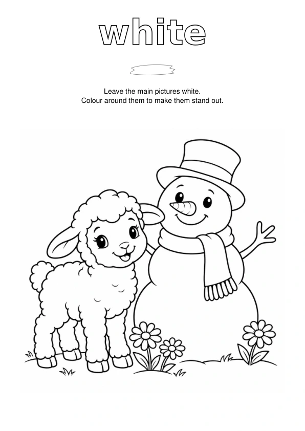 Outlined word white, a paint sample, and lamb, snowman and daisies to colour