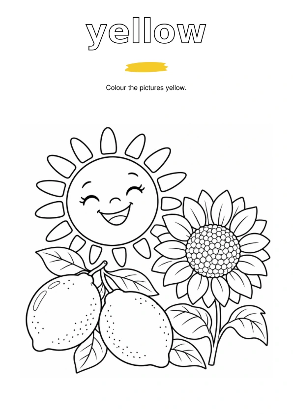 Outlined word yellow, a paint sample, and sun, lemons and a sunflower to colour