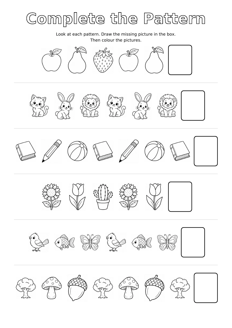 Worksheet 3: six rows of repeating outline pictures and an empty drawing box at the end of each row