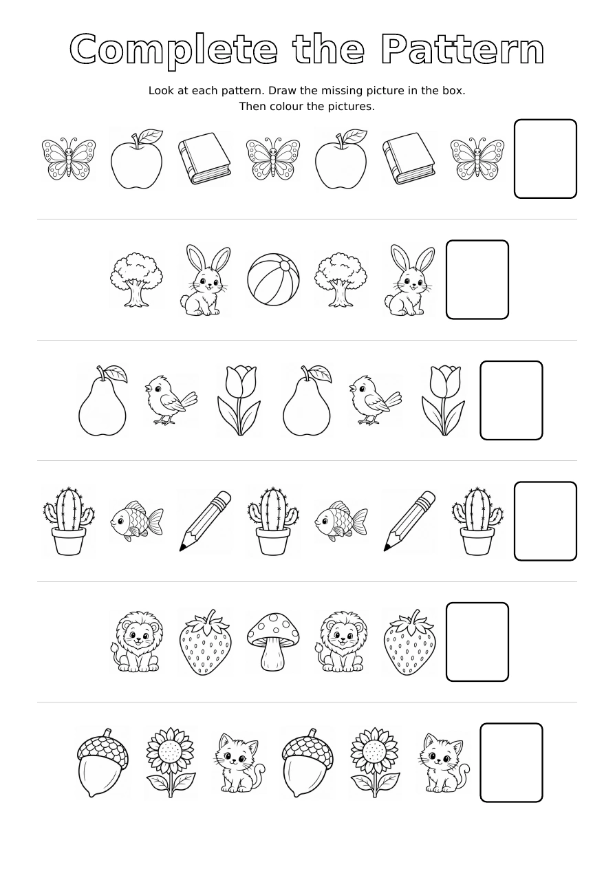 Worksheet 4: six rows of repeating outline pictures and an empty drawing box at the end of each row