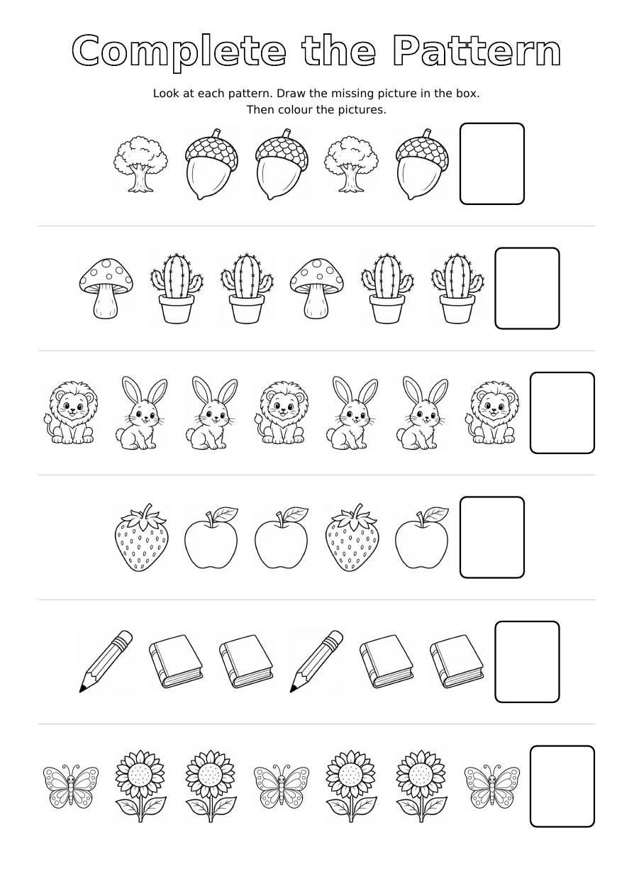 Worksheet 6: six rows of repeating outline pictures and an empty drawing box at the end of each row