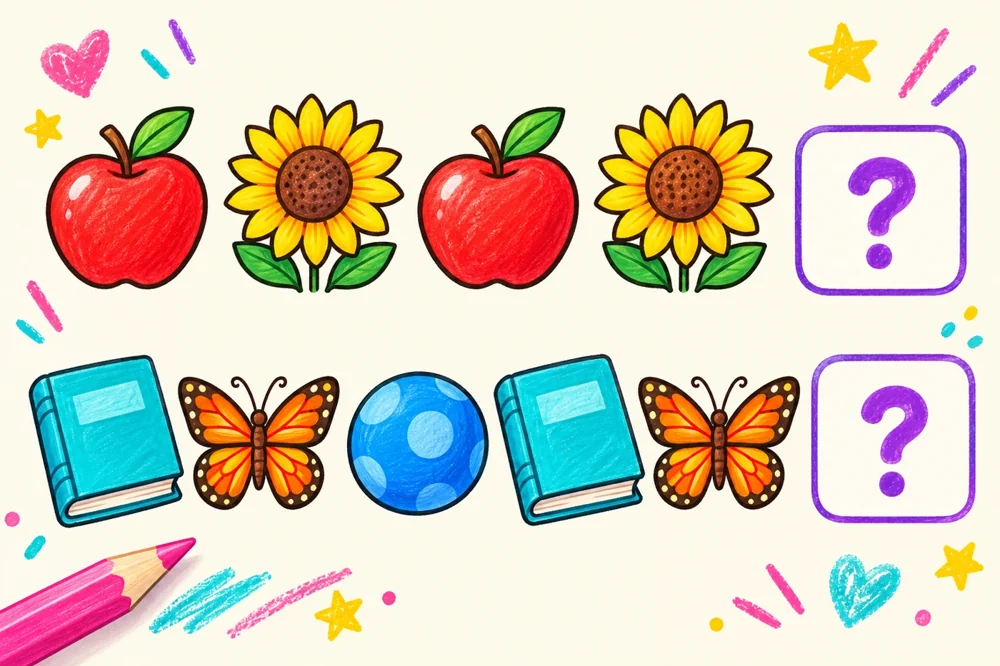 Colourful picture patterns with apples, flowers, a book, butterfly and ball, followed by missing-picture boxes