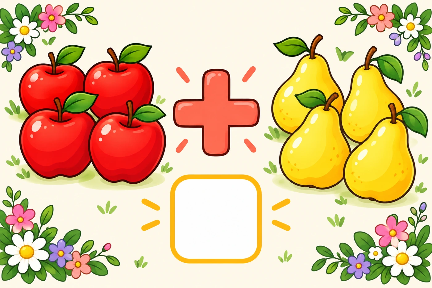 Colourful picture addition preview with objects and a blank answer box