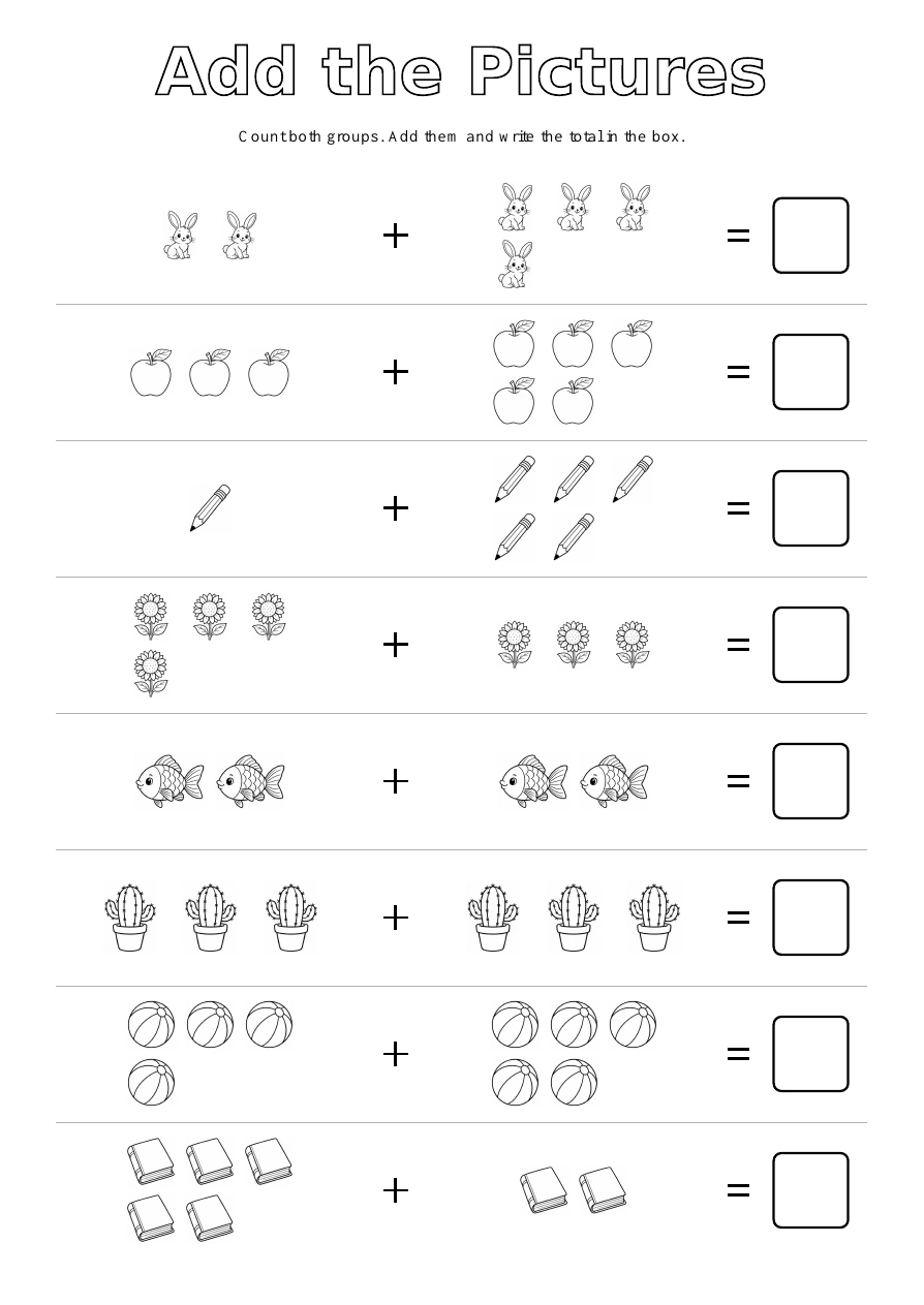 Picture Addition - Mixed Pictures: eight picture exercises with blank answer boxes