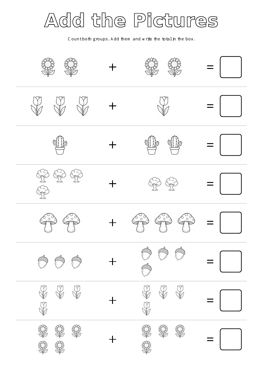 Picture Addition - Plants & Nature: eight picture exercises with blank answer boxes