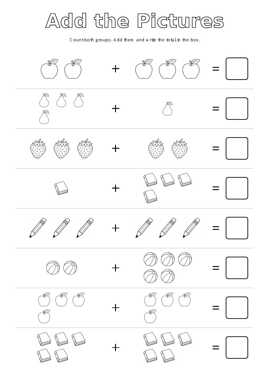 Picture Addition - Fruit & Objects: eight picture exercises with blank answer boxes
