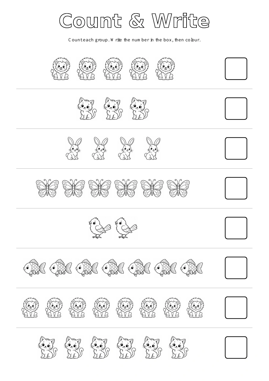 Count & Write - Animals: eight picture exercises with blank answer boxes