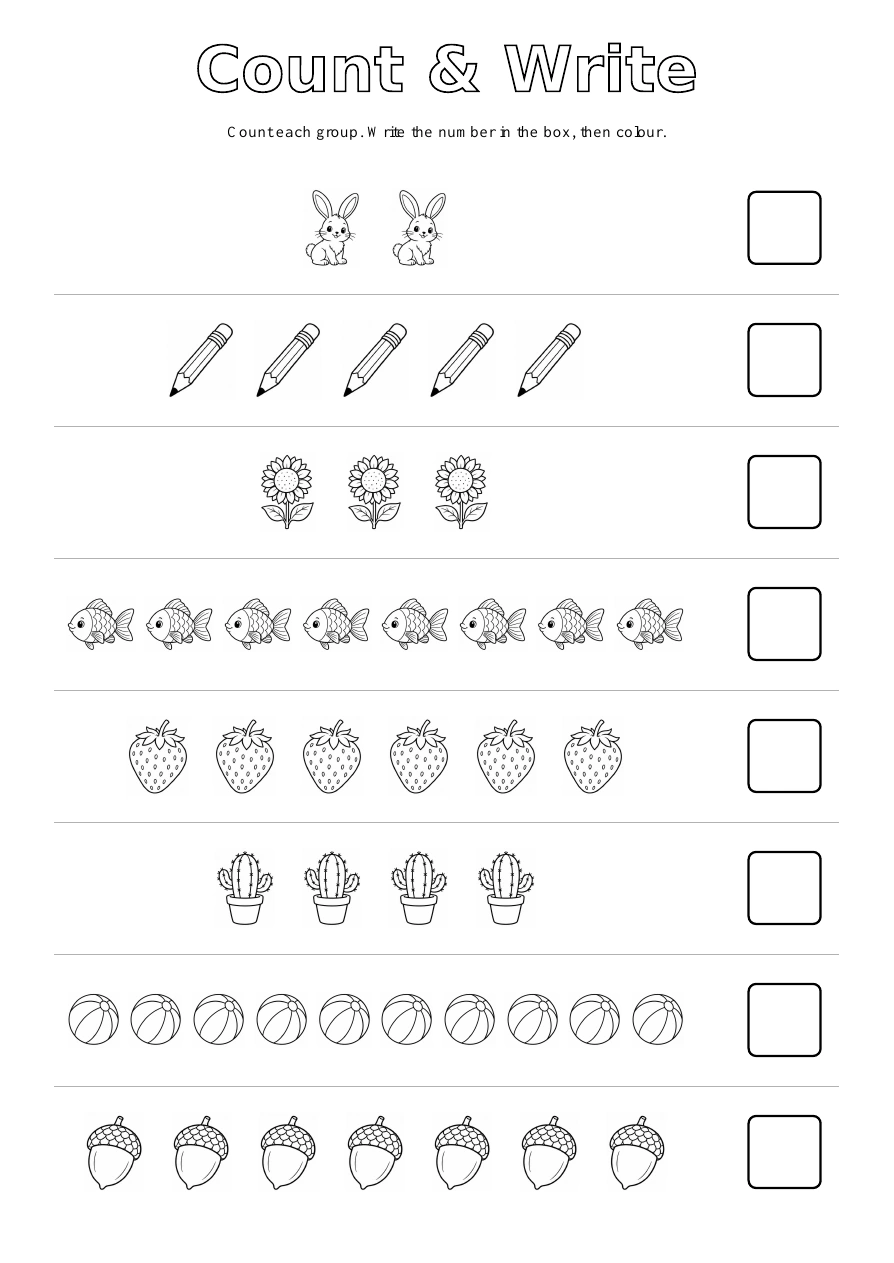 Count & Write - Mixed Pictures: eight picture exercises with blank answer boxes
