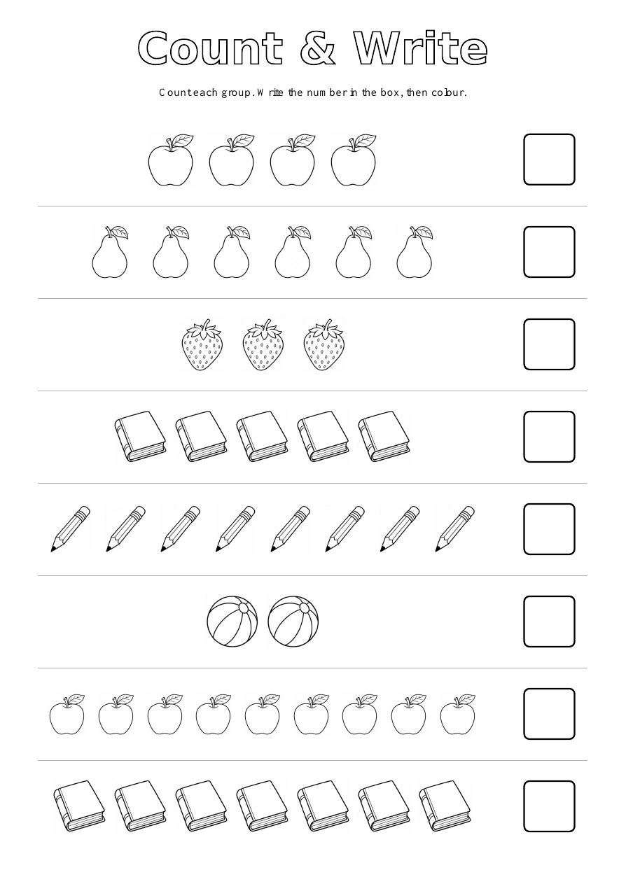 Count & Write - Everyday Objects: eight picture exercises with blank answer boxes
