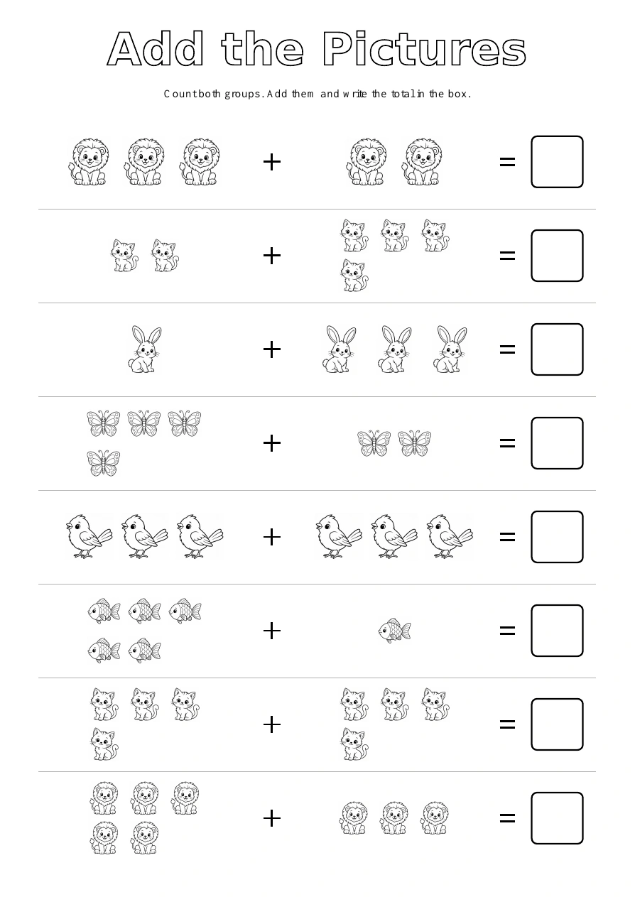 Picture Addition - Animals: eight picture exercises with blank answer boxes