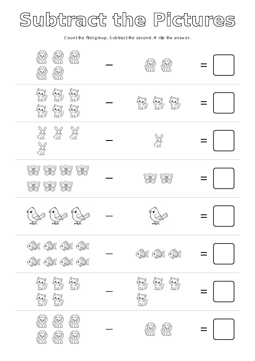 Picture Subtraction - Animals: eight picture exercises with blank answer boxes
