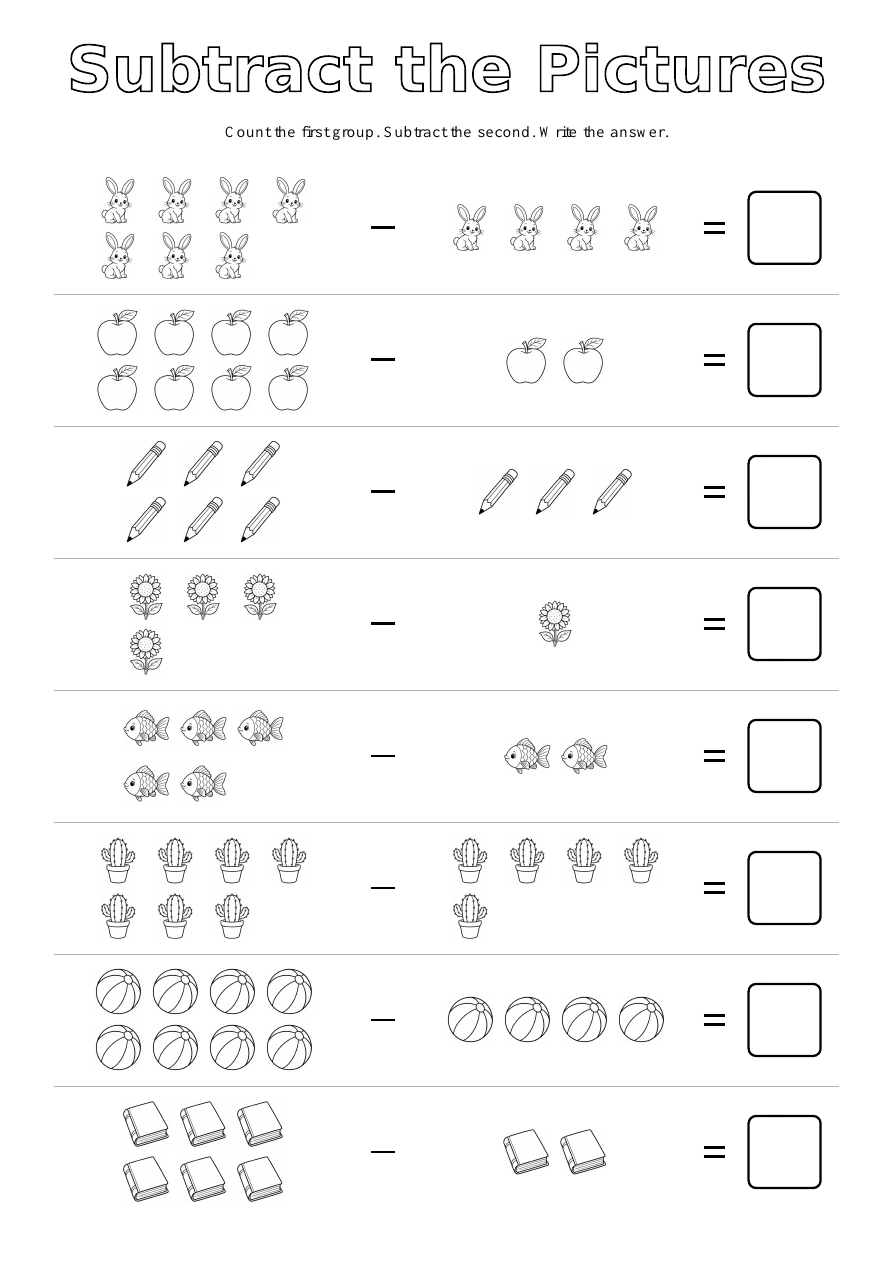 Picture Subtraction - Mixed Pictures: eight picture exercises with blank answer boxes