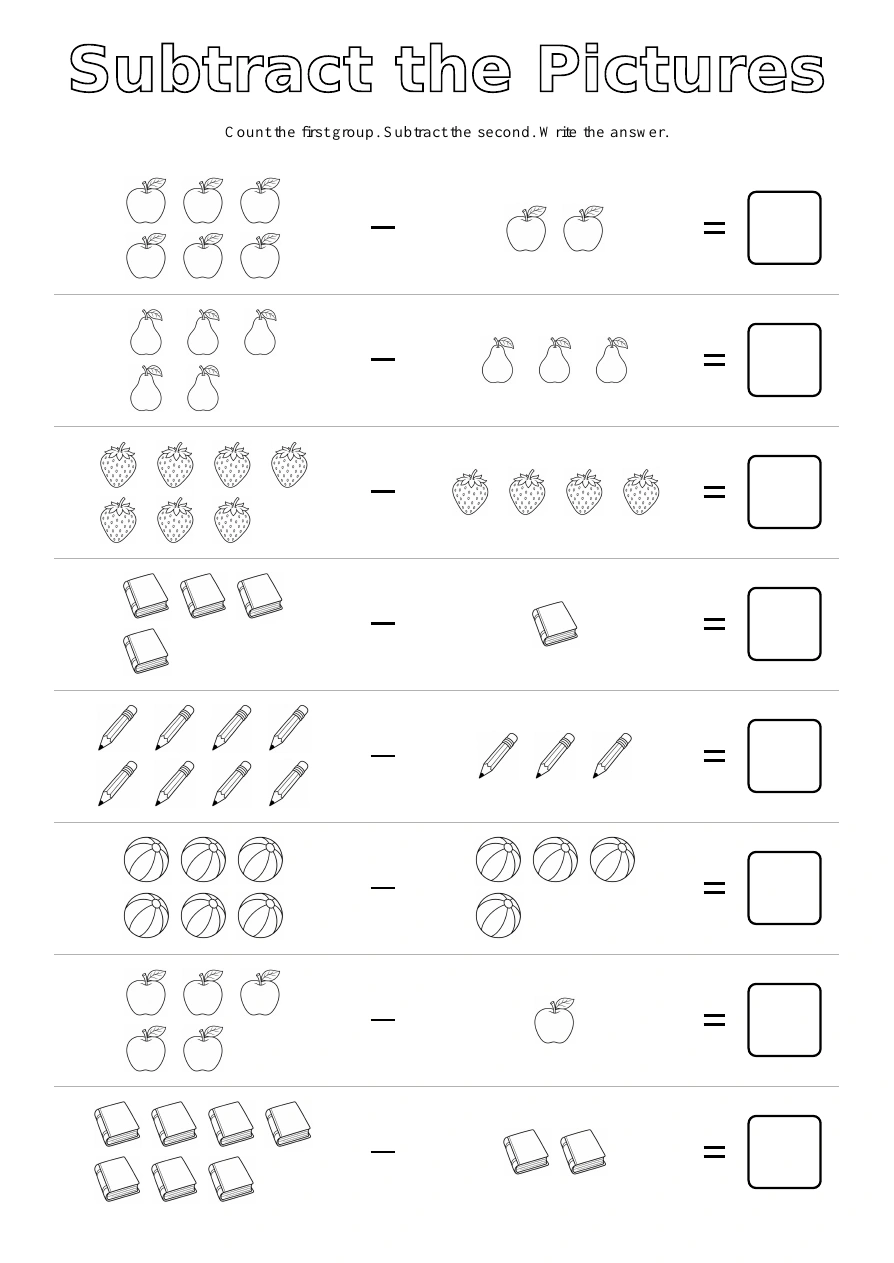 Picture Subtraction - Fruit & Objects: eight picture exercises with blank answer boxes