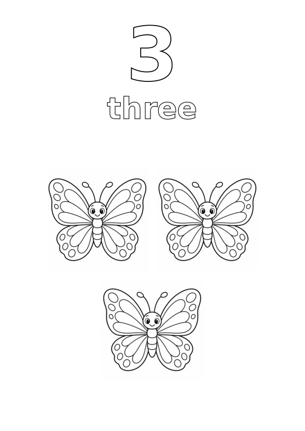 Number 3, the word three, and exactly 3 butterflies to colour