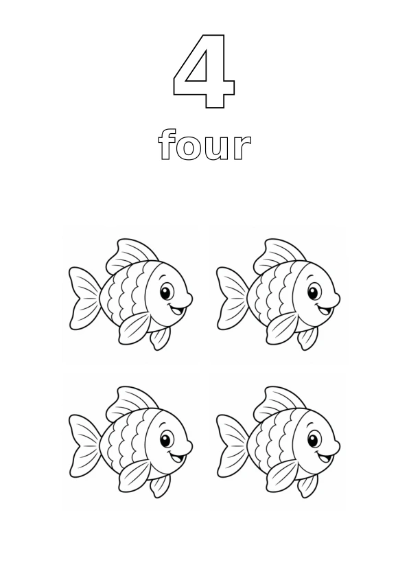 Number 4, the word four, and exactly 4 fish to colour