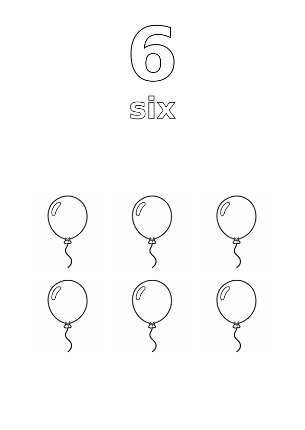 Number 6, the word six, and exactly 6 balloons to colour