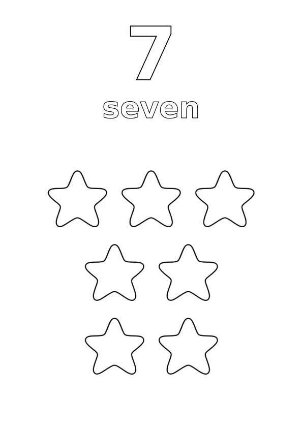 Number 7, the word seven, and exactly 7 stars to colour
