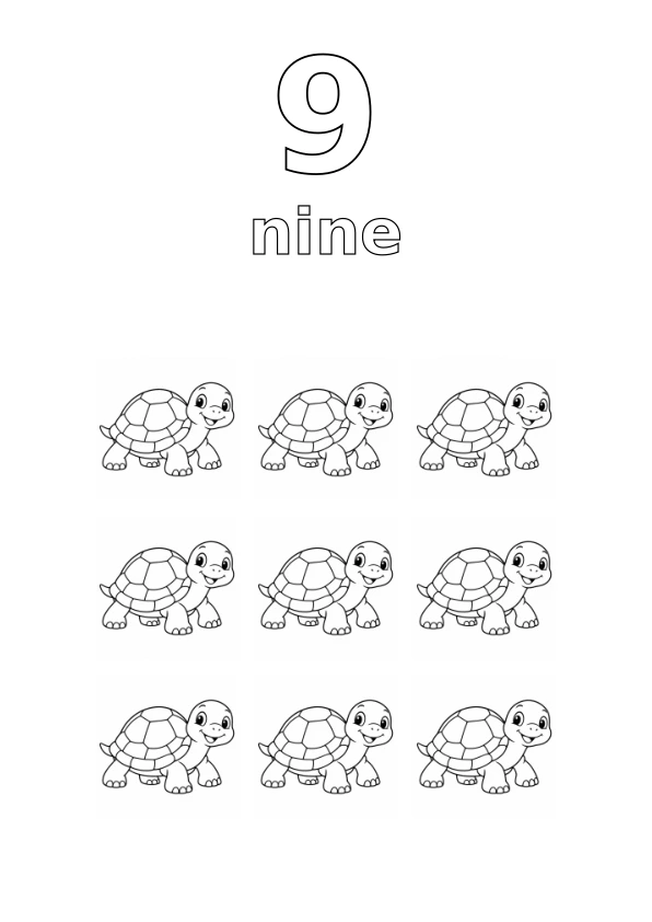 Number 9, the word nine, and exactly 9 turtles to colour