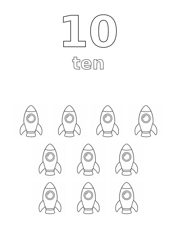Number 10, the word ten, and exactly 10 rockets to colour