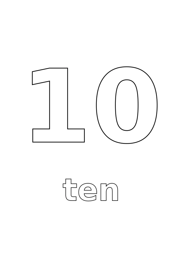 Number 10 with the word ten underneath, both in outline for colouring