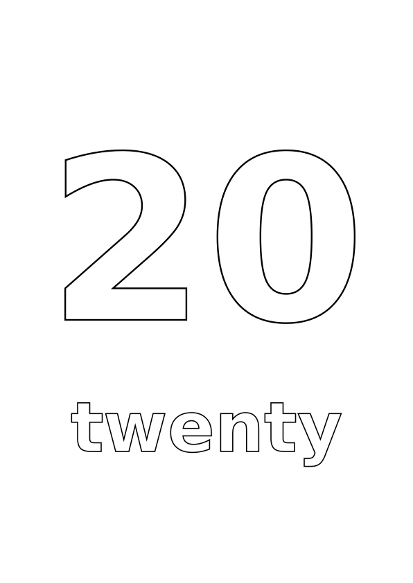 Number 20 with the word twenty underneath, both in outline for colouring