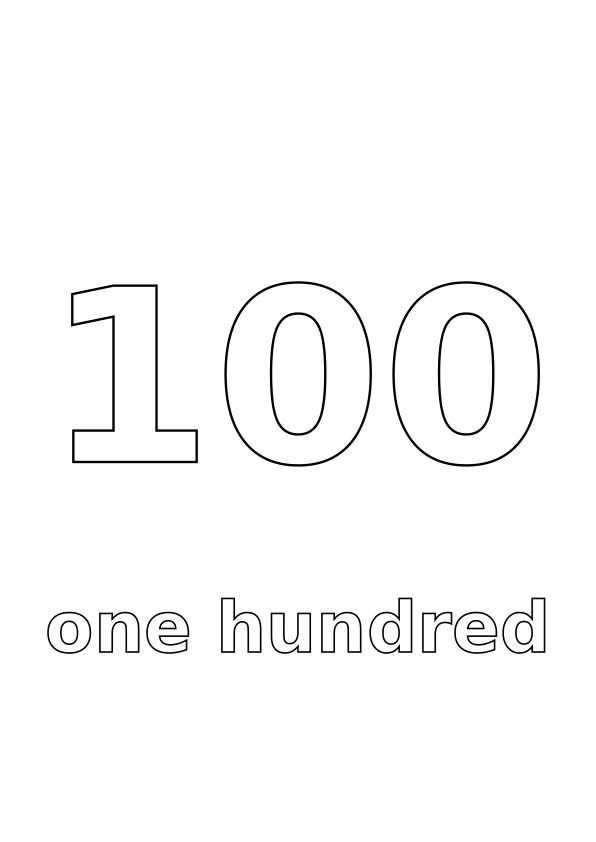 Number 100 with the word one hundred underneath, both in outline for colouring