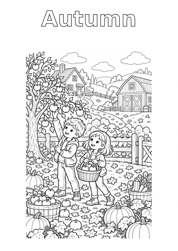 Farm in Autumn, with the season name in outline for colouring