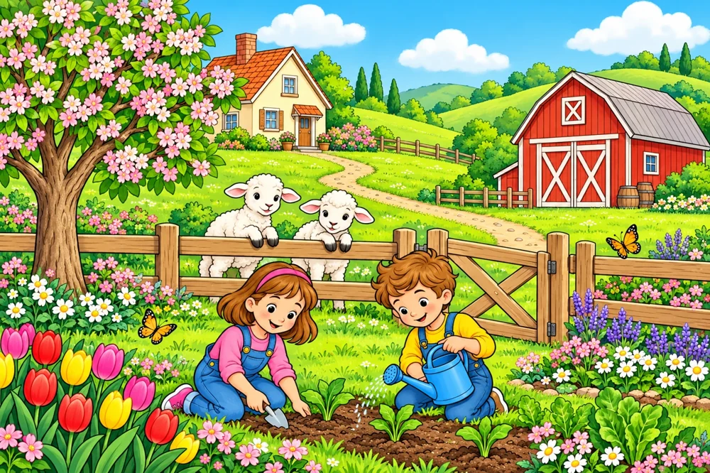 Colourful farm preview for four seasonal colouring pages
