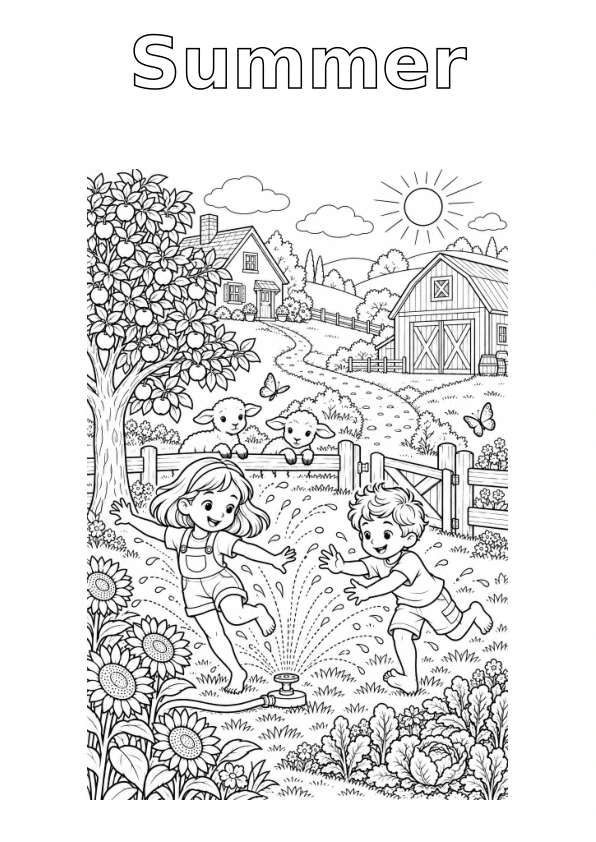 Farm in Summer, with the season name in outline for colouring