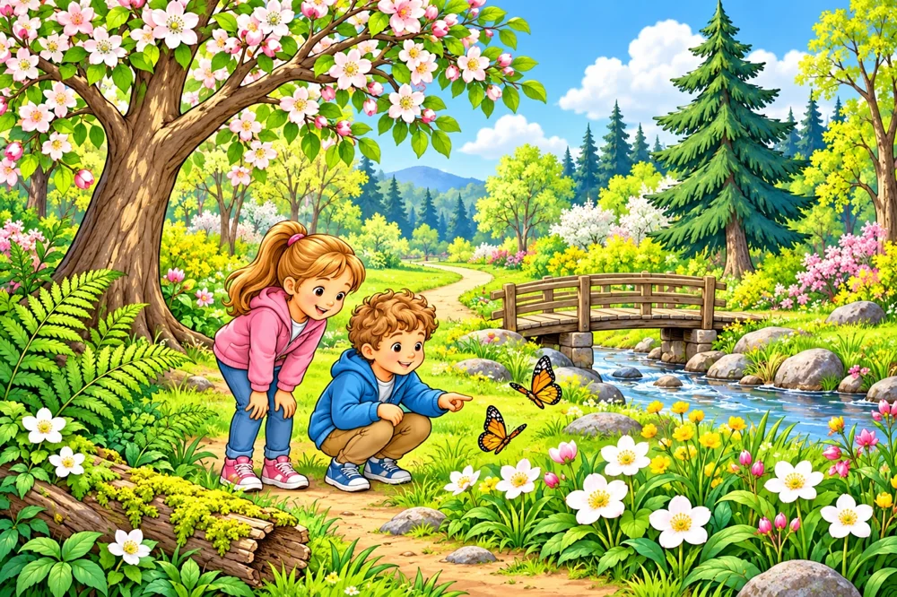 Colourful forest preview for four seasonal colouring pages