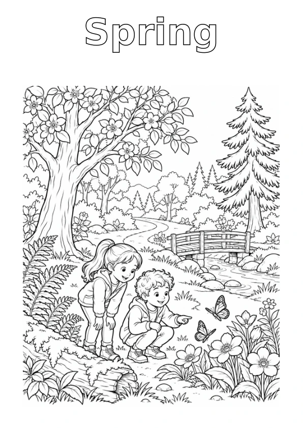 Forest in Spring, with the season name in outline for colouring