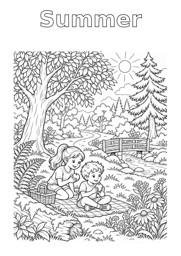 Forest in Summer, with the season name in outline for colouring