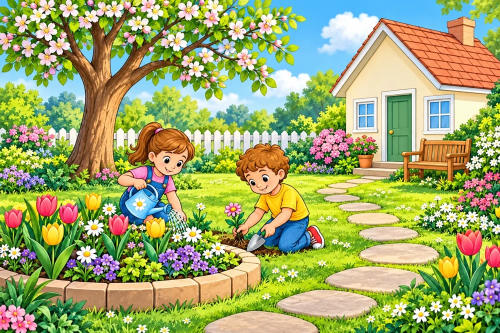 Colourful house garden preview for four seasonal colouring pages