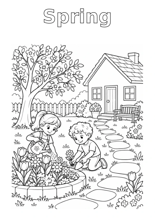House Garden in Spring, with the season name in outline for colouring