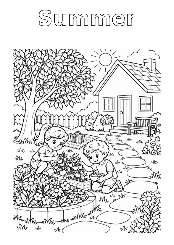 House Garden in Summer, with the season name in outline for colouring