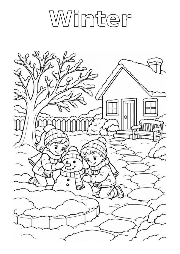 House Garden in Winter, with the season name in outline for colouring
