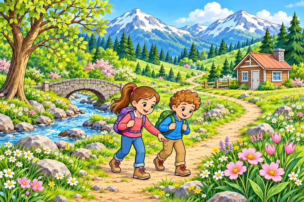 Colourful mountain preview for four seasonal colouring pages