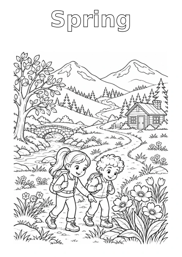Mountain in Spring, with the season name in outline for colouring