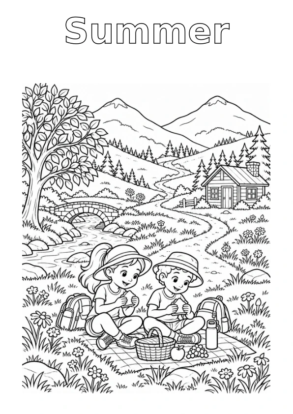 Mountain in Summer, with the season name in outline for colouring