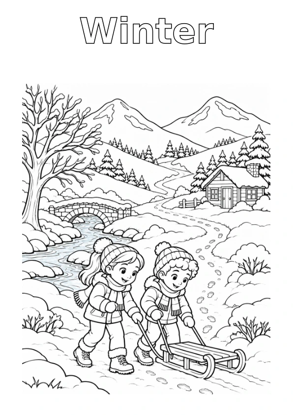 Mountain in Winter, with the season name in outline for colouring