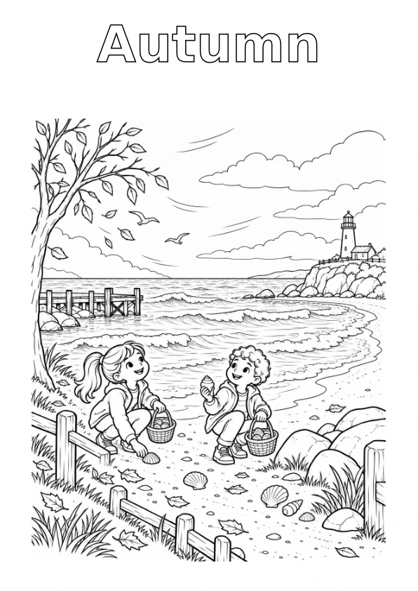 Seaside in Autumn, with the season name in outline for colouring